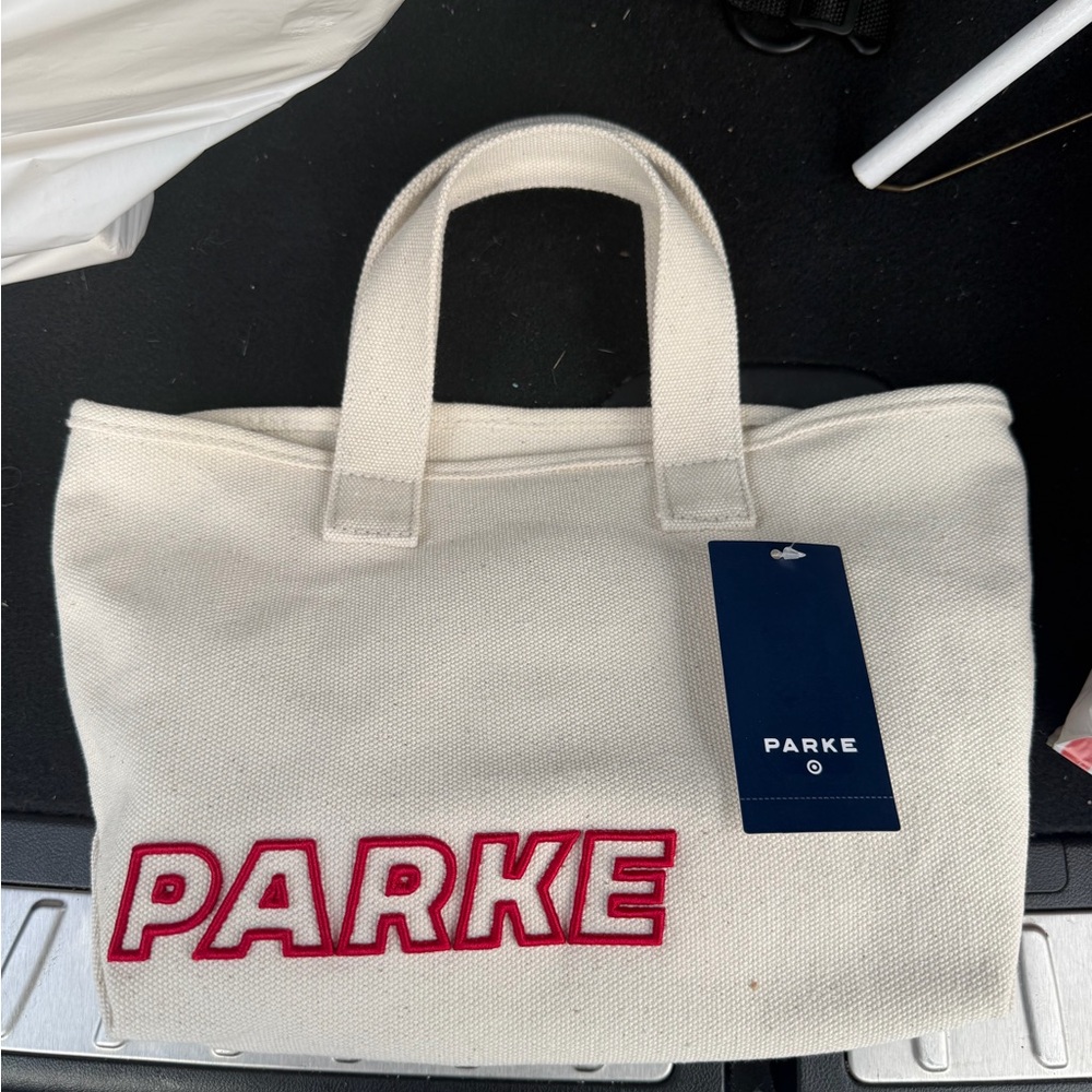 PARKE Canvas Mini Tote Bag in Cream with Red Logo